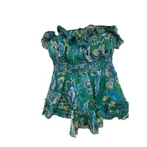 Vintage Y2K 2B Bebe Green Floral Ruffle Tube Top Smocked Summer‎ Party Festival